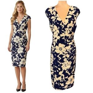 Lauren Ralph Lauren Tricot Sheath Dress Sz.12 Black Beige Sleeveless Floral